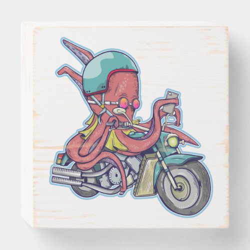 CARTOON OCTOPUS RIDING A MOTORCYCLE WOODEN BOX SIGN