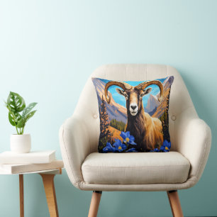 Cartoon Of A Colorado Bighorn Sheep Blue Columbine Throw Pillow