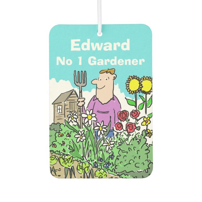 Cartoon of a Gardener in a Beautiful Garden Car Air Freshener (Front)
