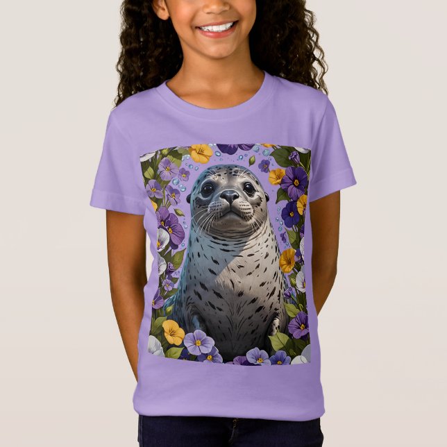 Cartoon Of A Harbor Seal Surrounded By Viola  T-Shirt (Front)