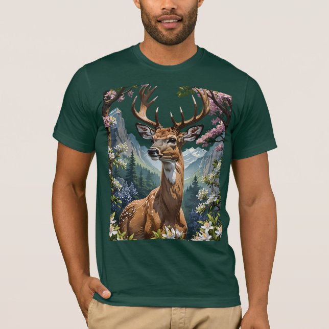 Cartoon Of A Whitetail Deer Surrounded By Mountain T-Shirt (Front)