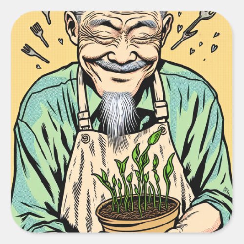 Cartoon of Asian Man holding a Plant Square Sticker