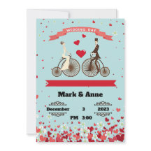 Cartoon of bride and groom riding bicycles to meet