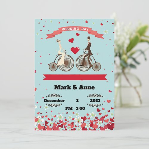 Cartoon of bride and groom riding bicycles to meet invitation
