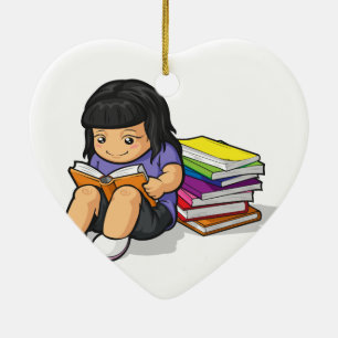 Cartoon of Girl Student Studying & Reading Book Ceramic Ornament