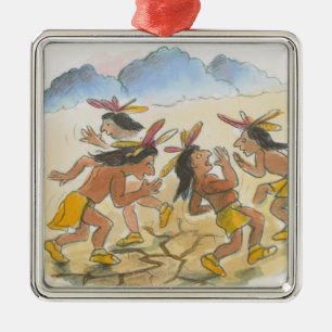 Cartoon of Native American men performing rain Metal Ornament