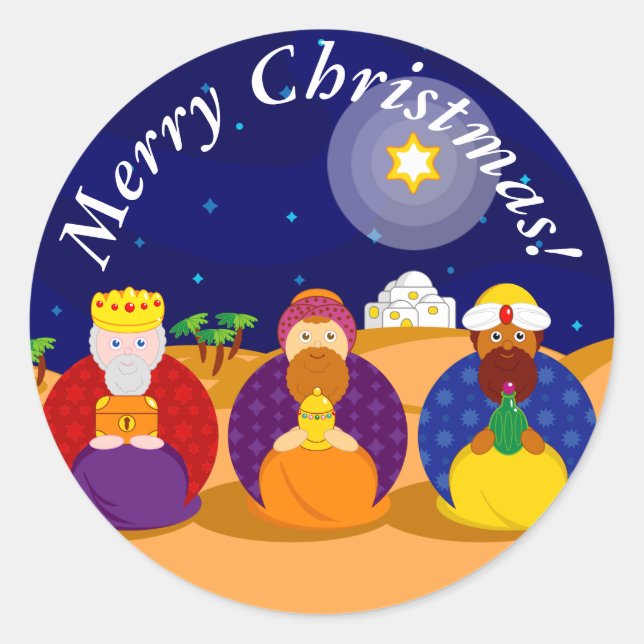 Cartoon of "The Three Kings" / "Three Wise Men", Classic Round Sticker (Front)