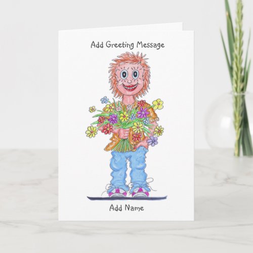 Cartoon of Woman Holding a Bunch of Flowers Card