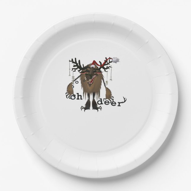 Cartoon Oh Deer Funny Reindeer Holiday Gamer Gift  Paper Plates (Front)