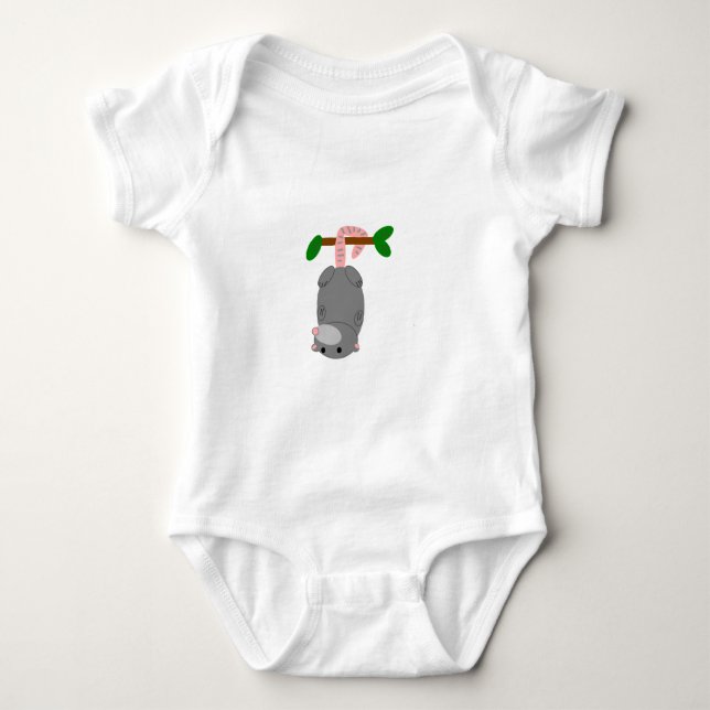 Cartoon Opossum/Possum Hanging Upside Down by Tail Baby Bodysuit (Front)