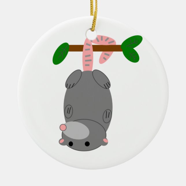 Cartoon Opossum/Possum Hanging Upside Down by Tail Ceramic Ornament (Front)