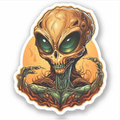 Cartoon Orange Alien Head With Green Big Eyes Sticker