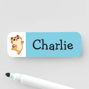Cartoon Orange Cat, Custom, Blue Name Tag