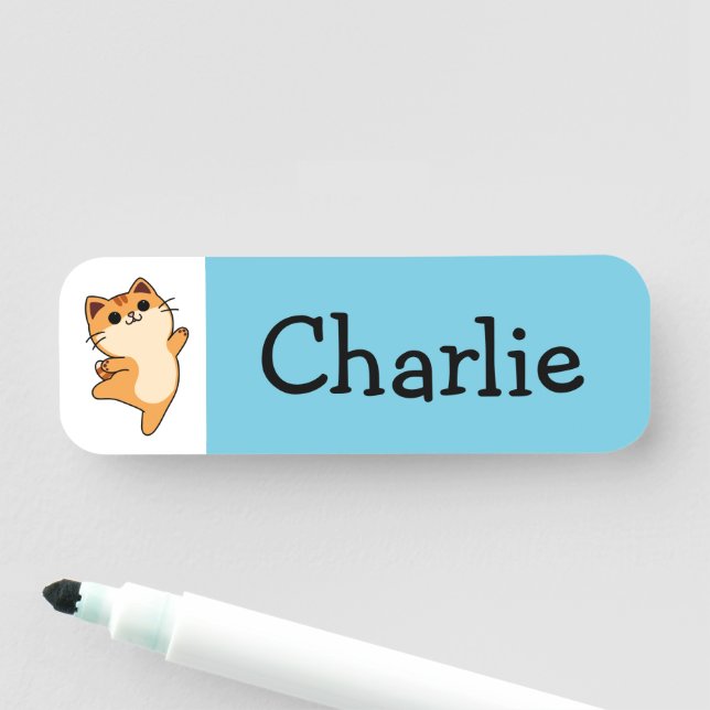 Cartoon Orange Cat, Custom, Blue Name Tag (In Situ)