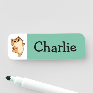 Cartoon Orange Cat, Custom, Green Name Tag