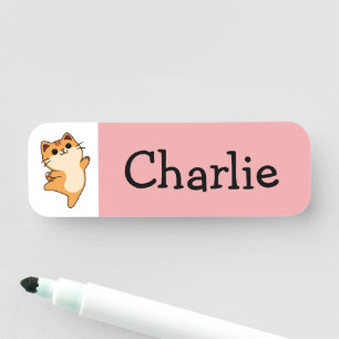 Cartoon Orange Cat, Custom, Pink Name Tag