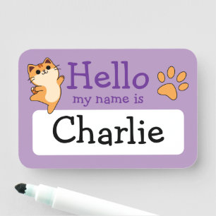 Cartoon Orange Cat, Paw Print, Custom, Purple Name Tag