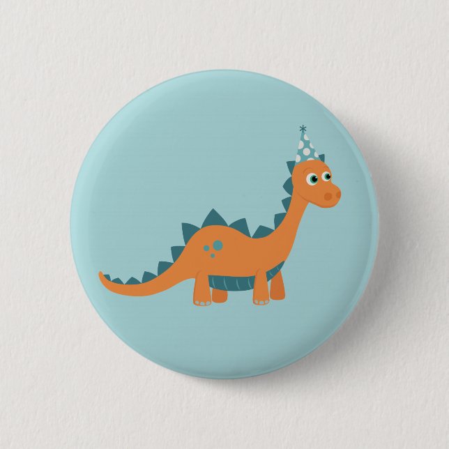 Cartoon orange dinosaur wearing party hat button (Front)