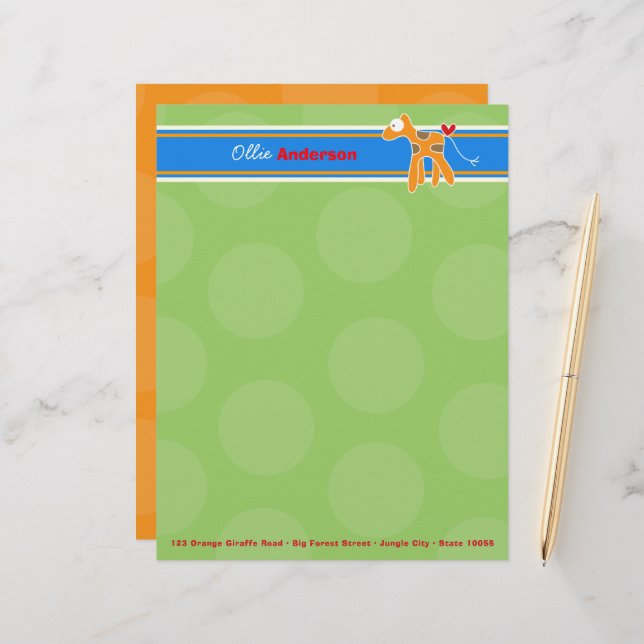 Cartoon Orange Giraffe Green Dots Kid Children Fun Letterhead (Front/Back In Situ)