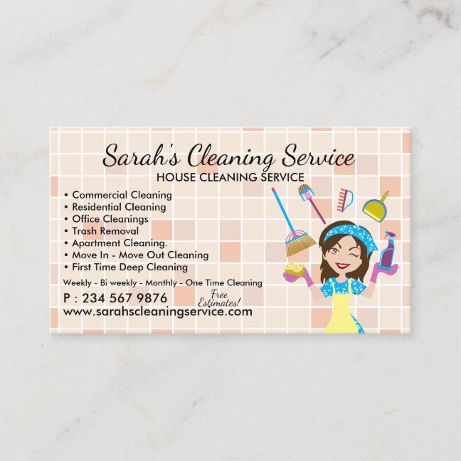 Cartoon Orange Maid Janitorial Lady House Cleaning Business Card