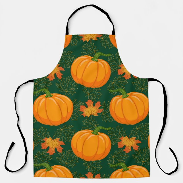 Cartoon orange Pumpkin and Autumn maple falling le Apron (Front)
