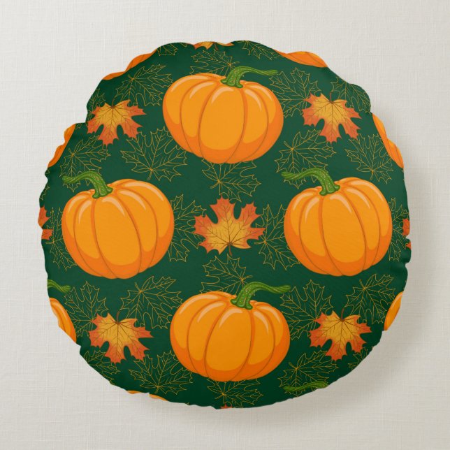 Cartoon orange Pumpkin and Autumn maple falling le Round Pillow (Front)