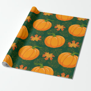 Cartoon orange Pumpkin and Autumn maple falling le Wrapping Paper