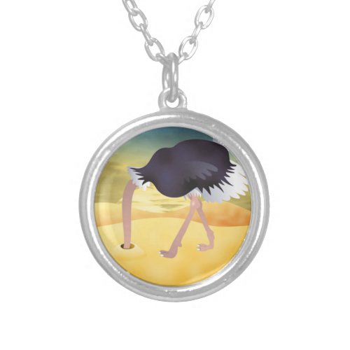 Cartoon Ostrich With Head In Sand Silver Plated Necklace