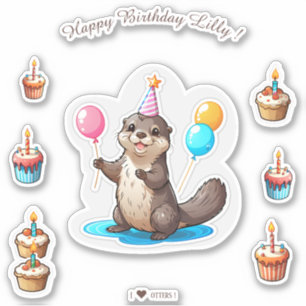 Cartoon Otter Happy Birthday Personalized Sticker