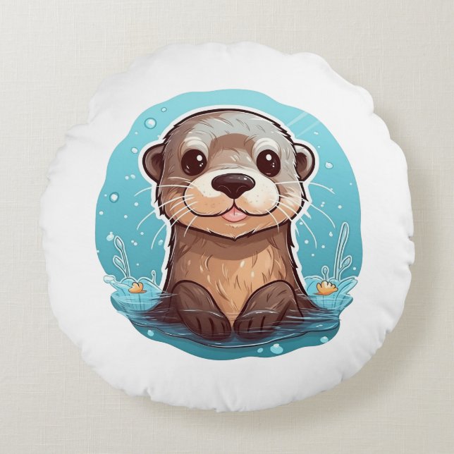 Cartoon otter illustration round pillow (Front)