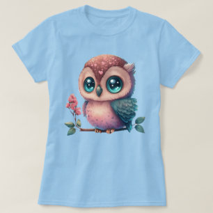 Cartoon Owl Perched on Branch With Heart Accents T-Shirt