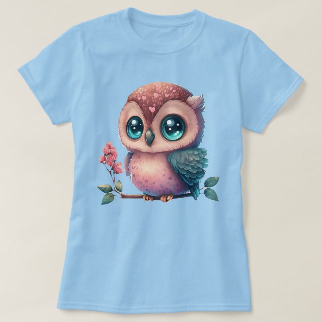  Cartoon Owl Perched on Branch With Heart Accents  T-Shirt (Design Front)