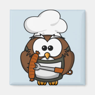 Cartoon Owl Summer Barbecue Blue Magnet