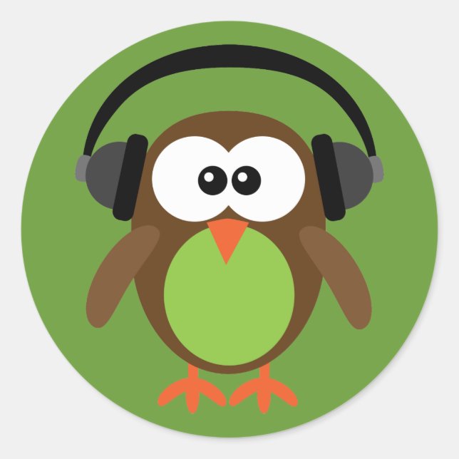 Cartoon Owl With Headphones Classic Round Sticker (Front)