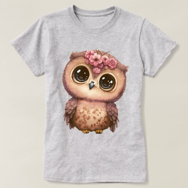 Cartoon Owl With Pink Flowers and Big Eyes T-Shirt (Design Front)