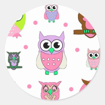 Cartoon Owls And Pink Dots Sticker by Hannahscloset at Zazzle