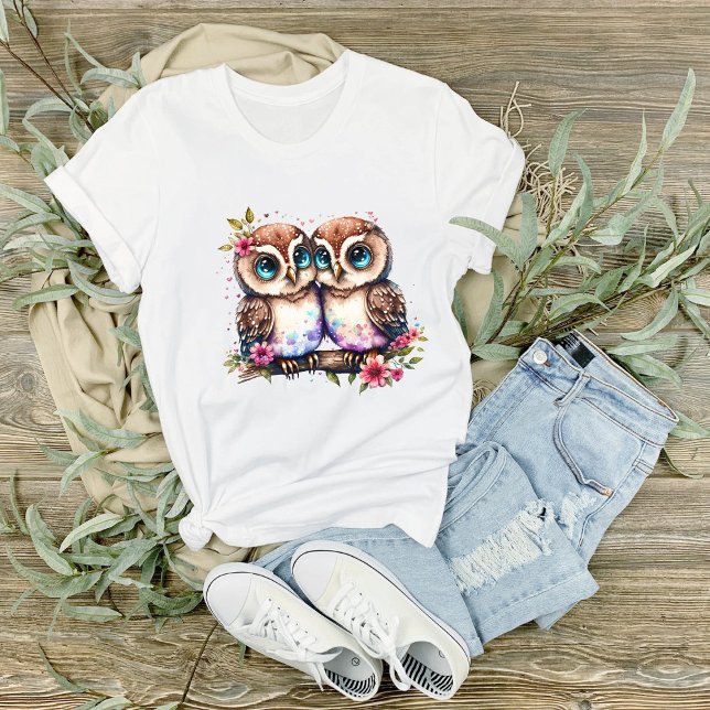 Cartoon Owls Perched on a Branch With Flowers T-Shirt (Creator Uploaded)
