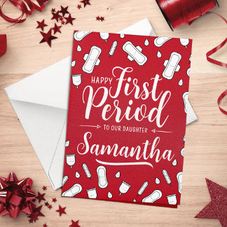 Cartoon Pads Red Script Teen Girl First Period Card