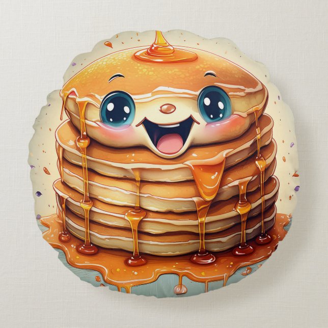 Cartoon Pancakes Round Pillow – Whimsical and Fun  (Front)