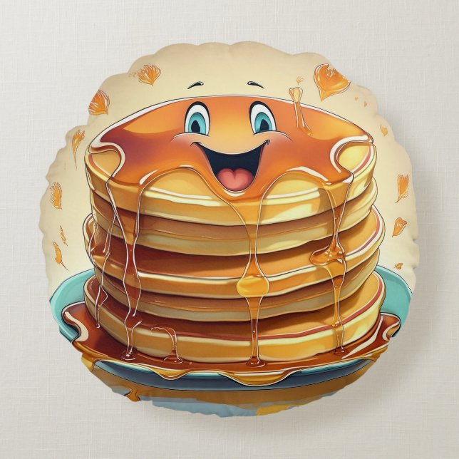 Cartoon Pancakes Round Pillow – Whimsical and Fun  (Front)