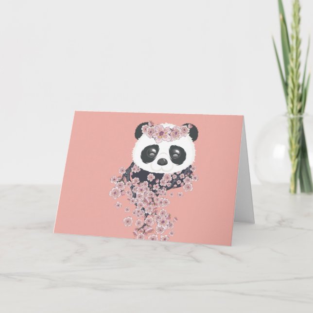Cartoon panda portrait with Sakura flowers Card (Front)