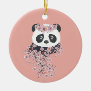 Cartoon panda portrait with Sakura flowers Ceramic Ornament