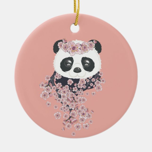 Cartoon panda portrait with Sakura flowers Ceramic Ornament (Front)