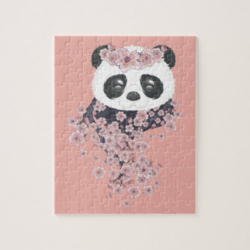 Cartoon panda portrait with Sakura flowers Jigsaw Puzzle