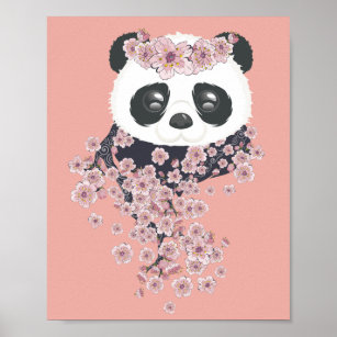 Cartoon panda portrait with Sakura flowers Poster