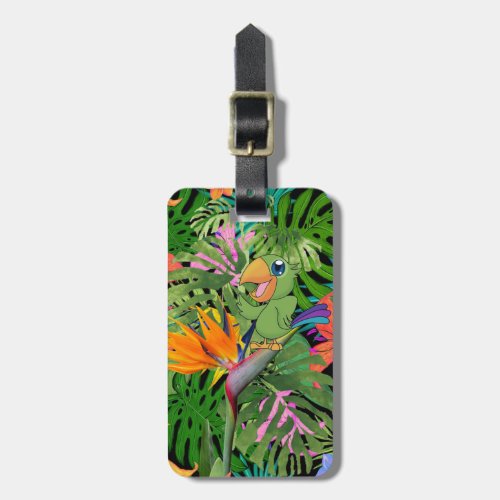 Cartoon Parrot Palm Leaves _ Personalized Luggage Tag