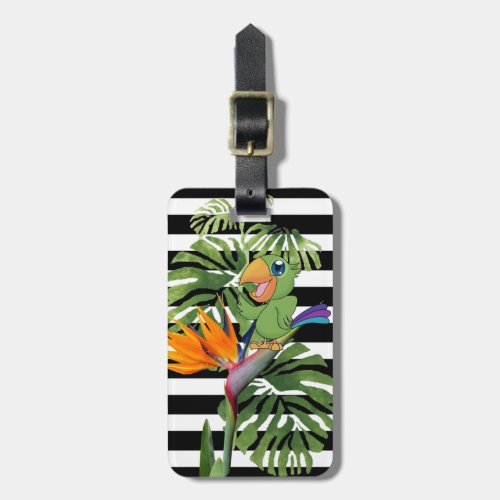 Cartoon Parrot Palm Leaves Stripes_ Personalized Luggage Tag