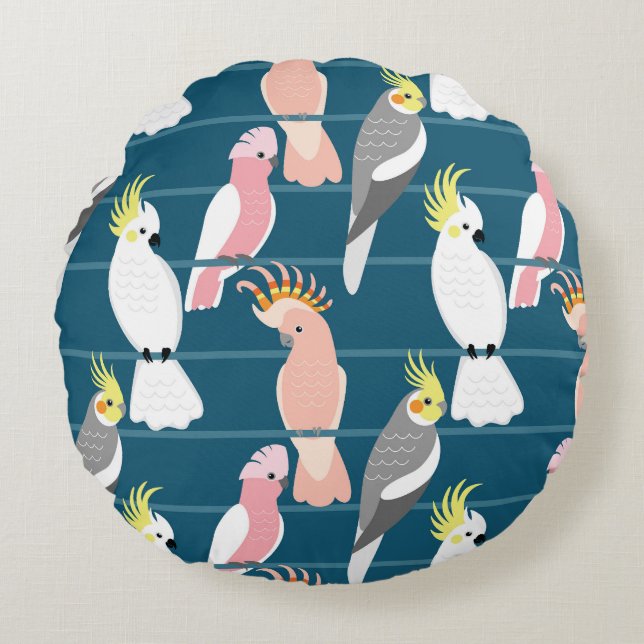 Cartoon Parrots: Cute Seamless Pattern Round Pillow (Front)