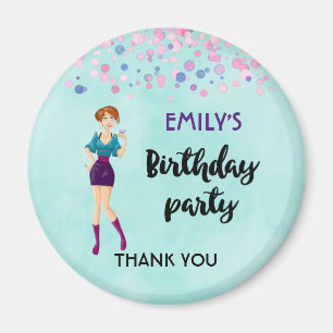 Cartoon Party Girl Holding Drink Birthday Thanks Magnet