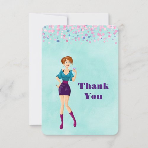 Cartoon Party Girl with Pink Confetti Thank You